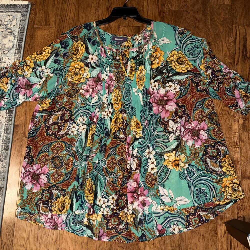 Roaman's Multicolored Floral Blouse 22W Cottage-core Prairie V-neck Resort wear